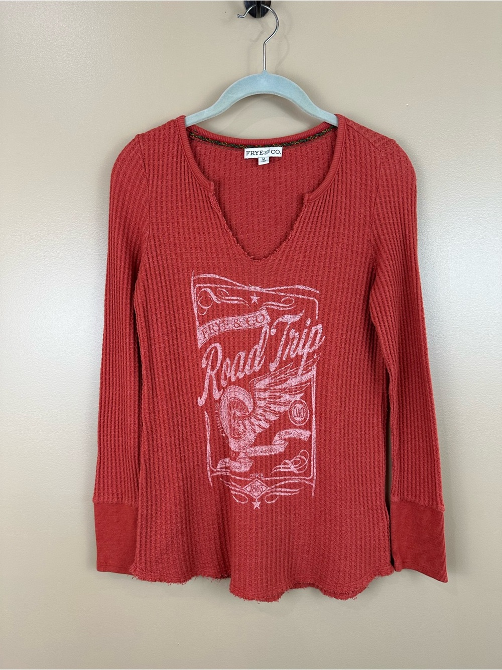 Frye & Co Road Trip Graphic Waffle Knit Thermal Top Rust Orange Womens M